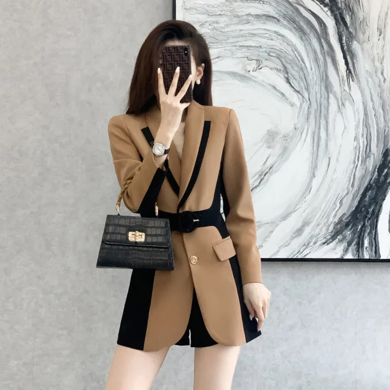 

French Vintage British Women's Blazer Spring Autumn Paneled Belt Slim-fit Jacket Fashion Long Sleeves Suit Coat Female