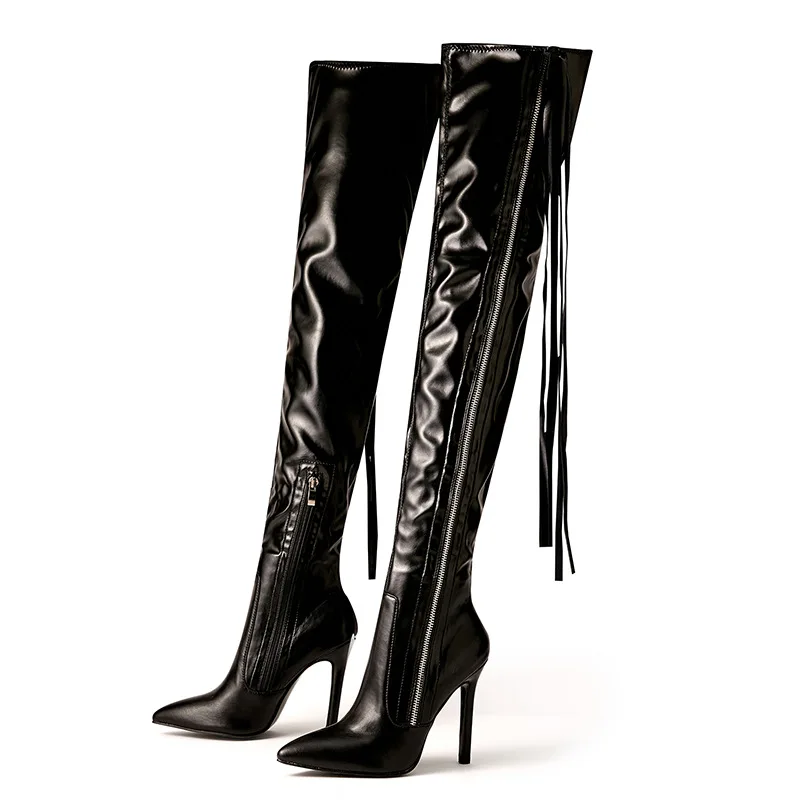 Women Knee High Boots Patent Leather Black Pointed Toe Stiletto Tassel Fashion Street Party Nightclub Sexy Women Shoes KC118
Women Knee High Boots Patent Leather Black Pointed Toe Stiletto Tassel Fashion Street Party Nightclub Sexy Women Shoes KC118