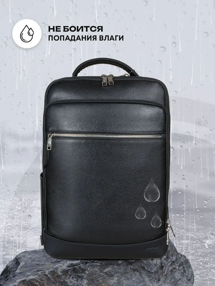 BOPAI Черный непромокаемый мужской рюкзак из натуральной кожи для ноутбука 15.6