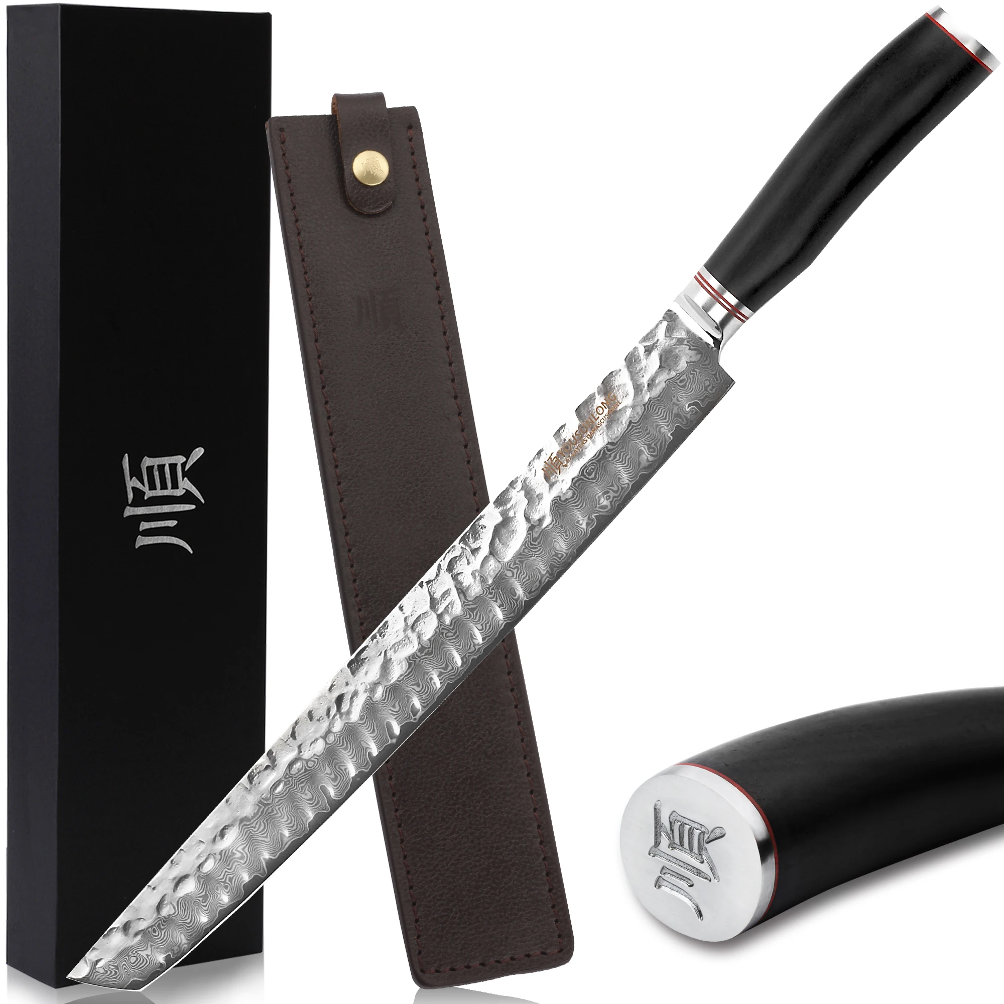 YOUSUNLONG Ultimate Sujihiki Slicing Knife 13 inch(330mm)-Japanese Hammered Damascus VG10 Steel -Natural Leadwood Handle With Le
YOUSUNLONG Ultimate Sujihiki Slicing Knife 13 inch(330mm)-Japanese Hammered Damascus VG10 Steel -Natural Leadwood Handle With Le