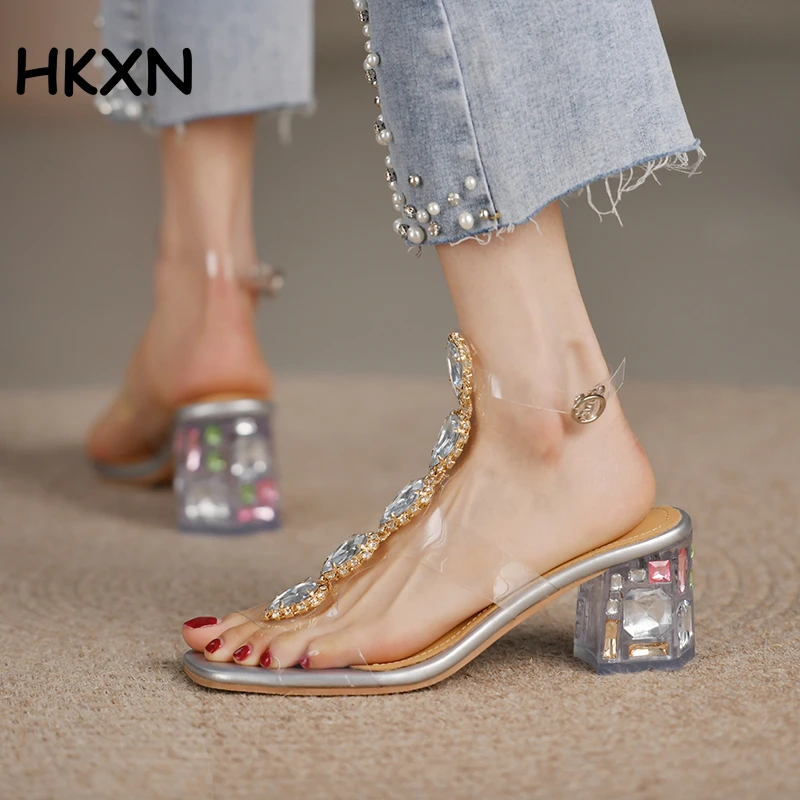 

Стразы босоножки на высоком каблуке женские прозрачные туфли с пряжкой модные туфли для банкета на толстом каблуке римские сандалии Y