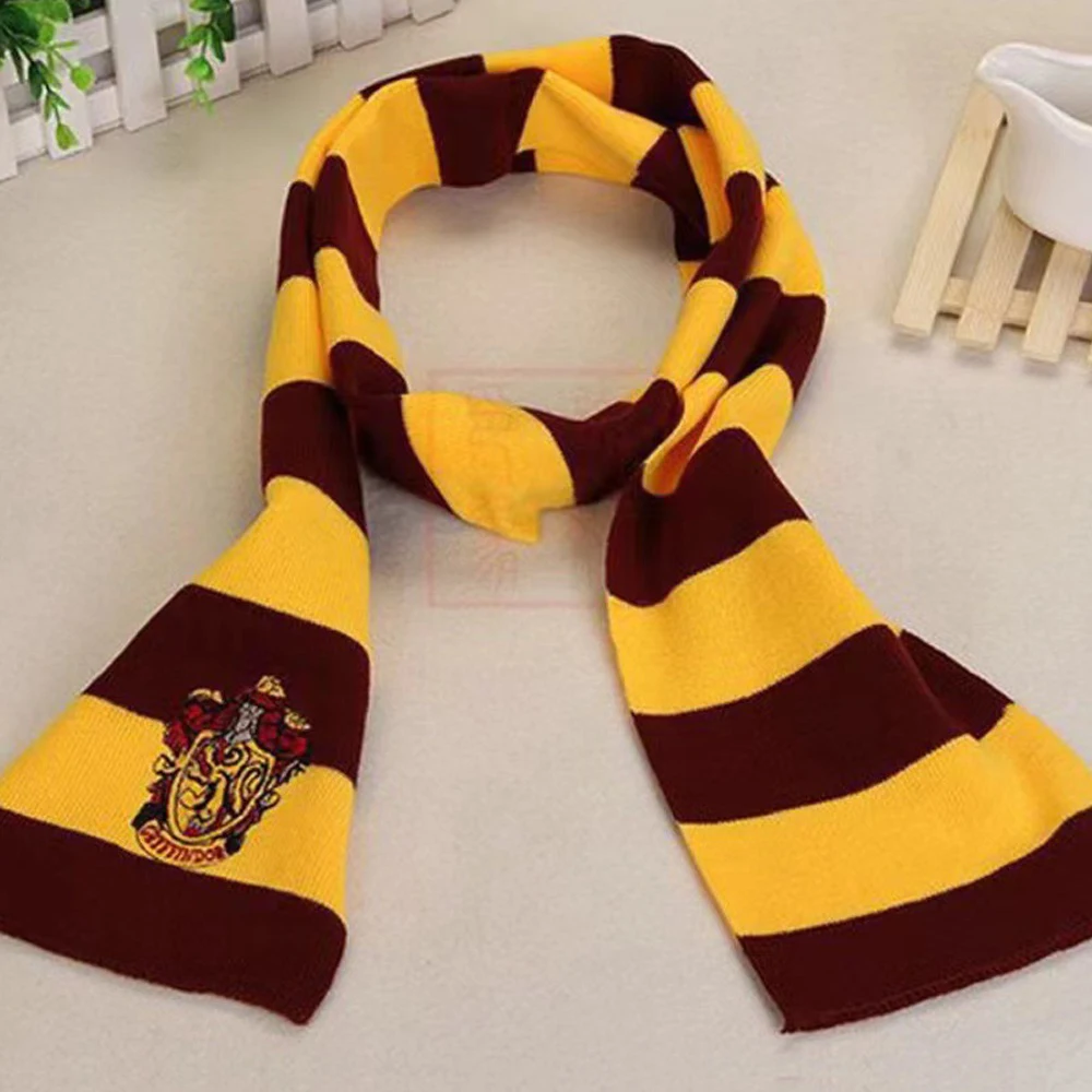 

Harry Potter Stripes Scarf Hogwarts School Slytherin Gryffindor Hufflepuff Ravenclaw Badge Scarf Fans Accessories