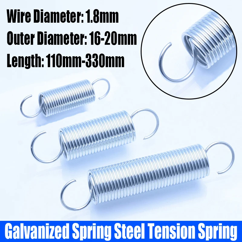 1PCS 1.8mm Wire Diameter Galvanized Spring Steel Extension Tension Spring Coil Spring Open Hook Spring Pullback Spring L=110-330
1PCS 1.8mm Wire Diameter Galvanized Spring Steel Extension Tension Spring Coil Spring Open Hook Spring Pullback Spring L=110-330