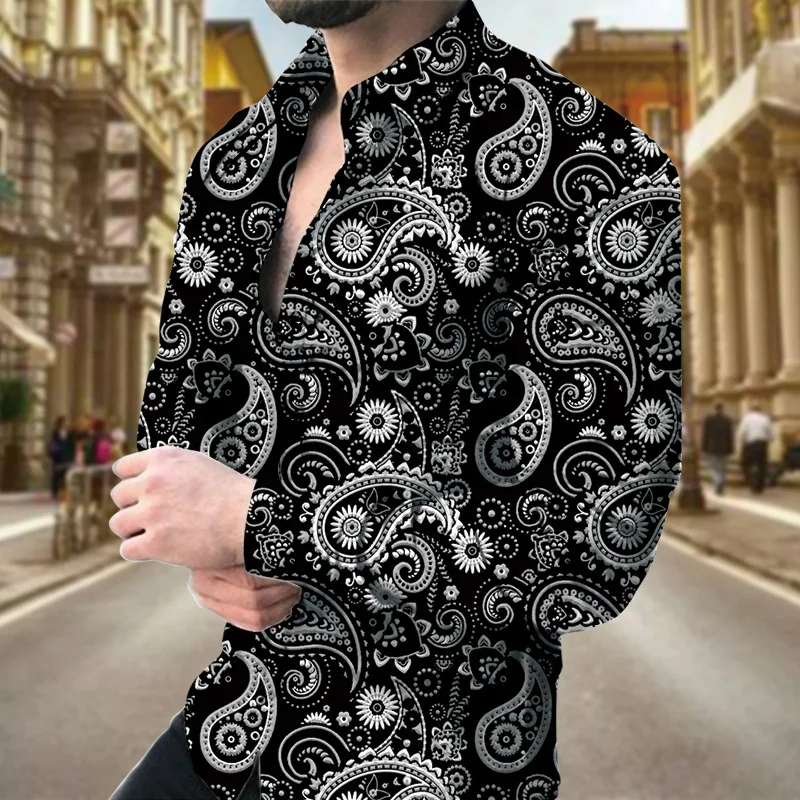 

2023Spring foreign trade new men's digital printing paisley floral casual long sleeve lapel slim shirt men