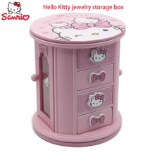 Creativity Sanrio Hello Kitty Storage Box Desktop Rotate Accessories Necklace Rubber Band Jewelry Box Wooden Girl Birthday Gift