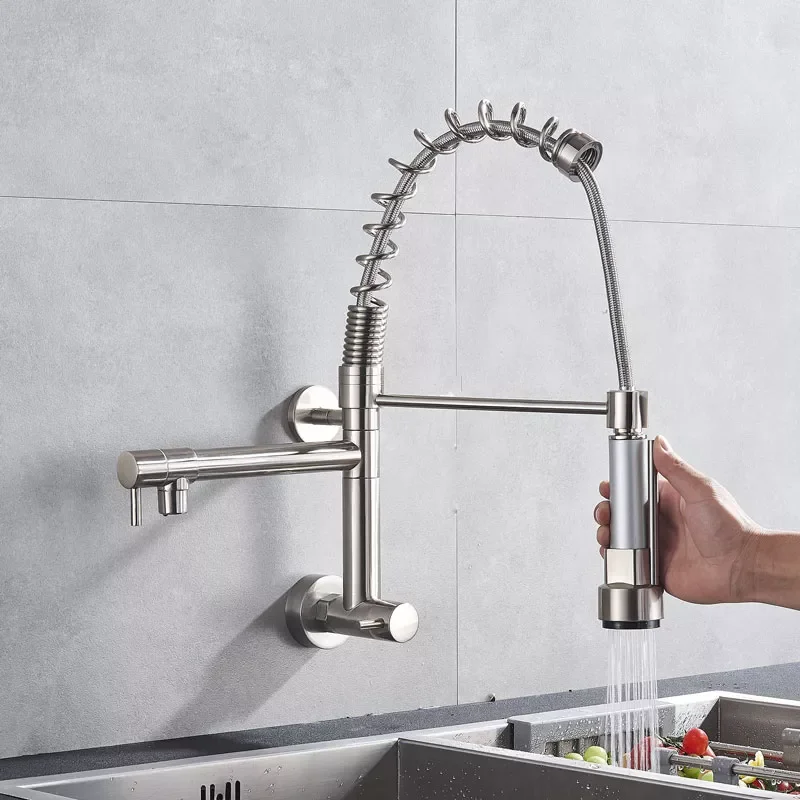 Chrome Kitchen Wall Mount Faucet Single Cold Water Free Rotation Pull Down Dual Spout Control 
Chrome Kitchen Wall Mount Faucet Single Cold Water Free Rotation Pull Down Dual Spout Control