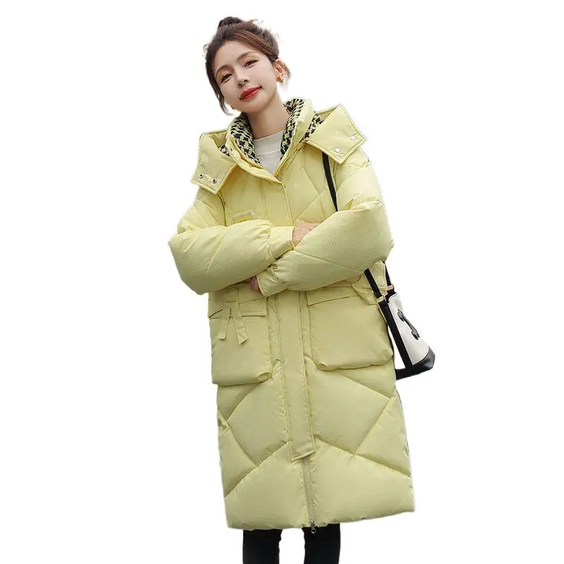 

Winter New Style Girlish Stand Collar Chessboard Grid Hooded Mid-Length Puffer Jackets Thick Windproof Big Pockets Overcoat