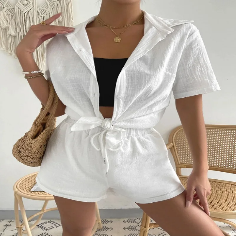 Short Sets For Women 2023 Cotton Linen Two Piece Set Short Sleeve White Tops Loose Summer Outfits Loungewear Cardigan Suit 
Short Sets For Women 2023 Cotton Linen Two Piece Set Short Sleeve White Tops Loose Summer Outfits Loungewear Cardigan Suit