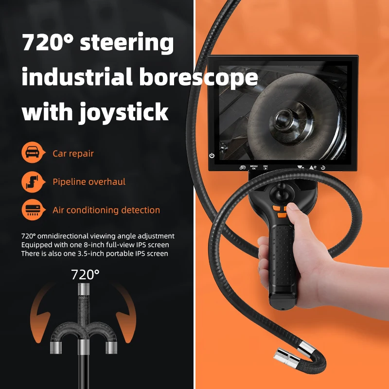 720 Degrees Universal All Way Steering Industrial Borescope Endoscope For Car Pipe Inspection Sewer Camera With 8 Inch HD Screen
720 Degrees Universal All Way Steering Industrial Borescope Endoscope For Car Pipe Inspection Sewer Camera With 8 Inch HD Screen