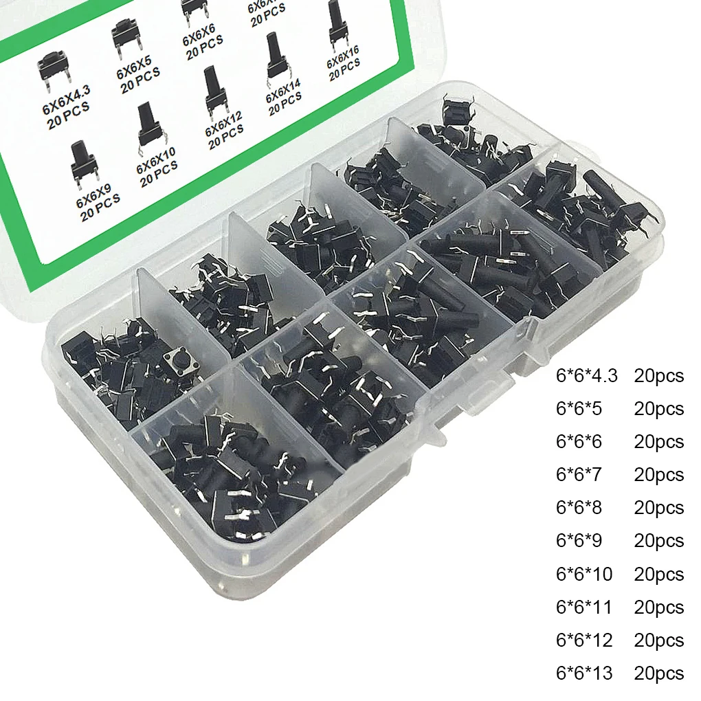 200pcs Micro Tact Switches Set Tactile Push Button Switches Assorted Kit with Storage Box
200pcs Micro Tact Switches Set Tactile Push Button Switches Assorted Kit with Storage Box