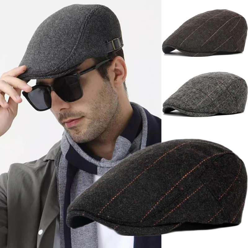 

Men Classic Plaid Stripe Newsboy Cap Winter Cotton Wool Flat Ivy Vintage Gatsbay Hat Irish Outdoor Cabbie Beret Painter Hats