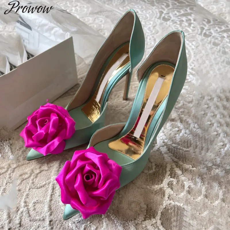 

Туфли женские из лакированной кожи, заостренный носок, высокий каблук-шпилька, низкий вырез, зеленые, цветочные розы