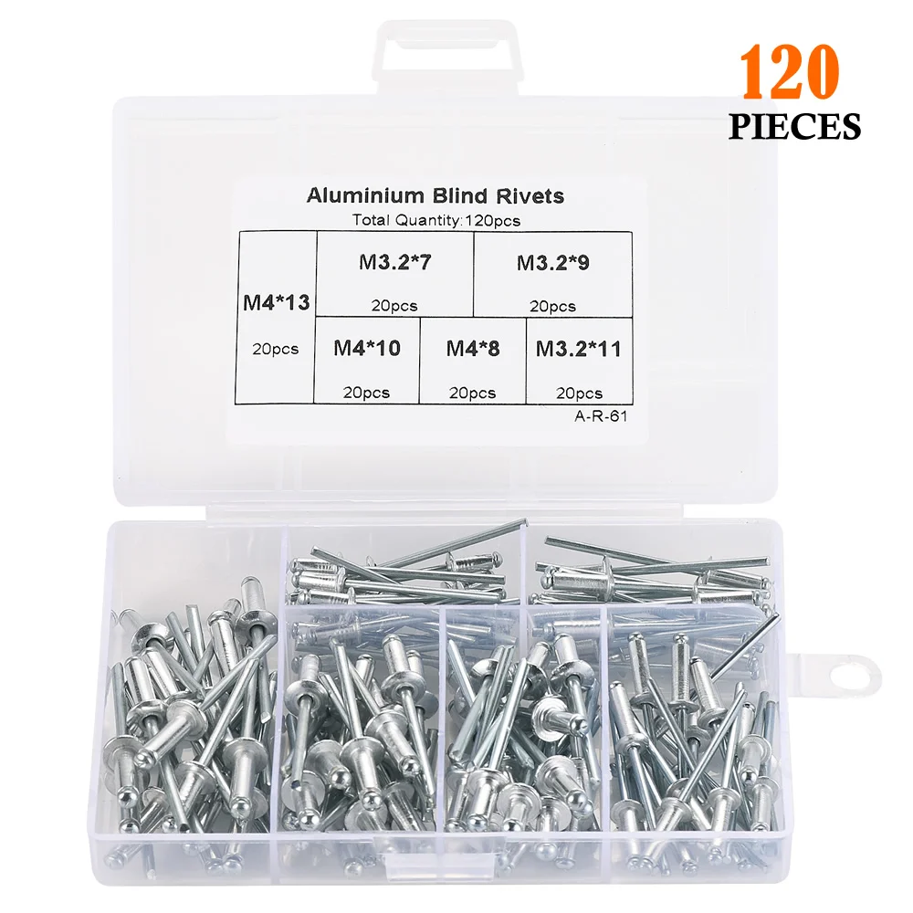 120Pcs M3.2*7/9/11 M4*8/10/13mm Aluminium Blind Rivets Nail Decoration Pop Rivet For Furniture Assortment Kit For Car Aircraft
120Pcs M3.2*7/9/11 M4*8/10/13mm Aluminium Blind Rivets Nail Decoration Pop Rivet For Furniture Assortment Kit For Car Aircraft