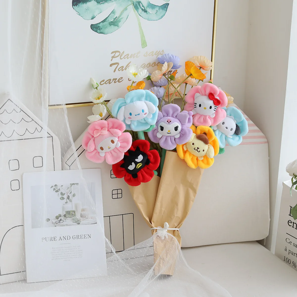 

My Melody Sunflower Bouquet Plush Dolls Kuromi Cinnamorol Xo Cartoon Cute Figure Flower Shaped Stuffed Toy Accessory Gift Girl