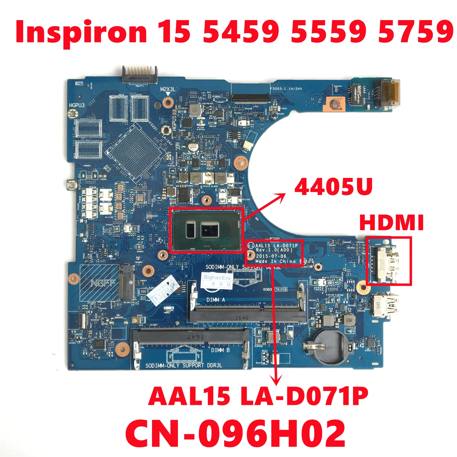CN-096H02 096H02 96H02 для dell Inspiron 15 5559 5459 5759 материнская плата для ноутбука 1024 с HDMI SR2EX 4405U протестирована ОК
CN-096H02 096H02 96H02 для dell Inspiron 15 5559 5459 5759 материнская плата для ноутбука 1024 с HDMI SR2EX 4405U протестирована ОК