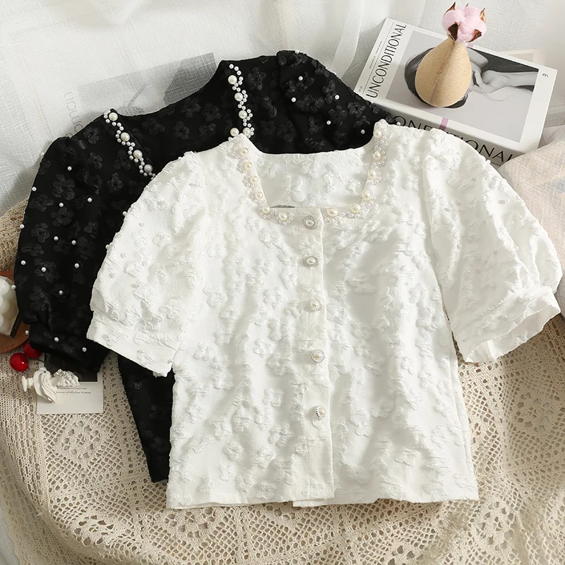 Korea Beaded Square Collar Single Breasted Cardigan Jacquard Shirt Women's New Short Slim Short Sleeve Tops White Black Blouse
Korea Beaded Square Collar Single Breasted Cardigan Jacquard Shirt Women's New Short Slim Short Sleeve Tops White Black Blouse