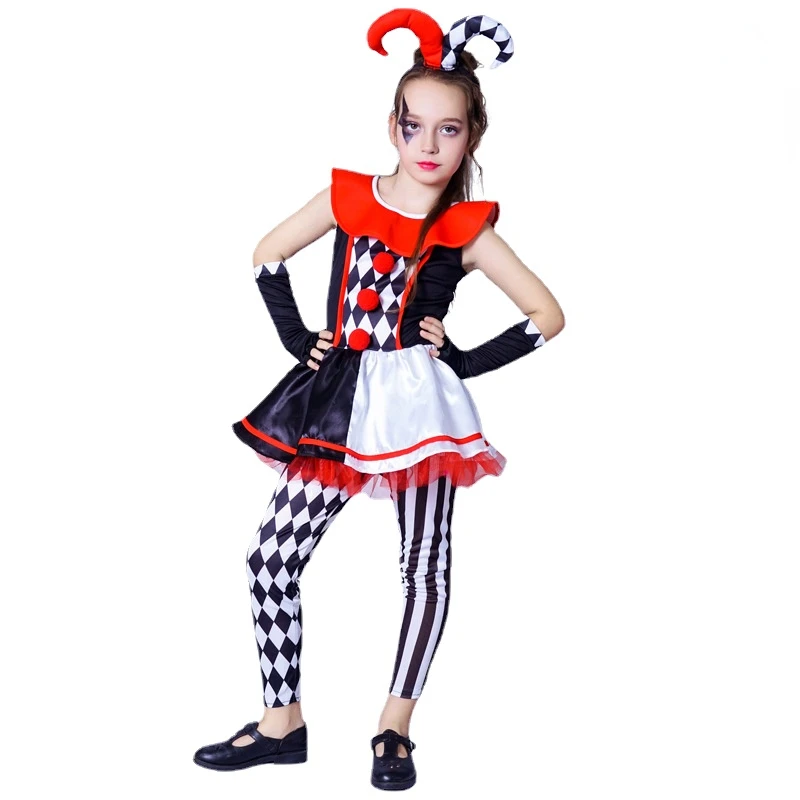 

Children's Women's Checkered Clown Halloween Costume Demon Horn Skirt Performance Costume Halloween Costume Performance