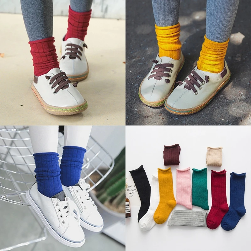 

Children Girls Long Boot Socks Solid Candy Color Leg Warmer Vertical Stripe Hose