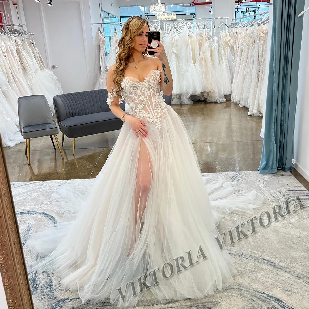 

VIKTORIA Pastrol A-LINE Wedding Dress For Women Flower Slit Off Shoulder Bride 2023 Appliques Vestido De Novia Made To Order