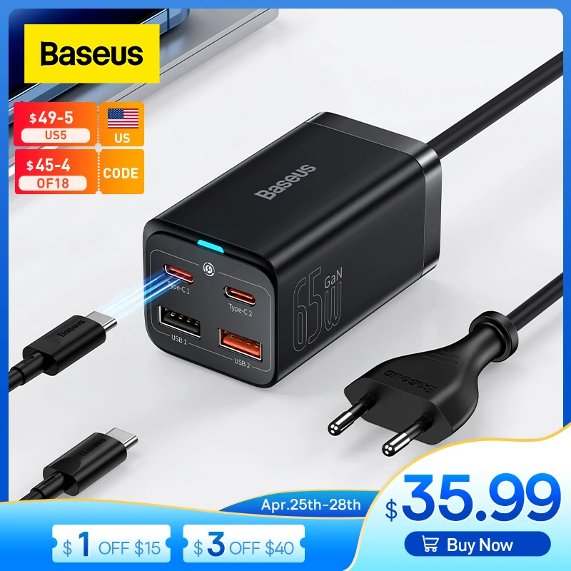 

Baseus 65W GaN Charger Desktop Laptop Fast Charger 4 in 1 Adaptor For iPhone 13 12 Pro Max Xiaomi Samsung Tablets Phone Charger