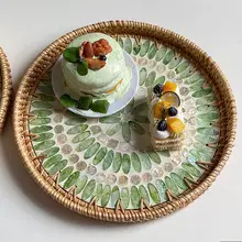 Creative Colorful Shell Round Handwoven Rattan Handmade Tray Fruit Cake Bread Snacks Drinks Storage Basket Home Decoration