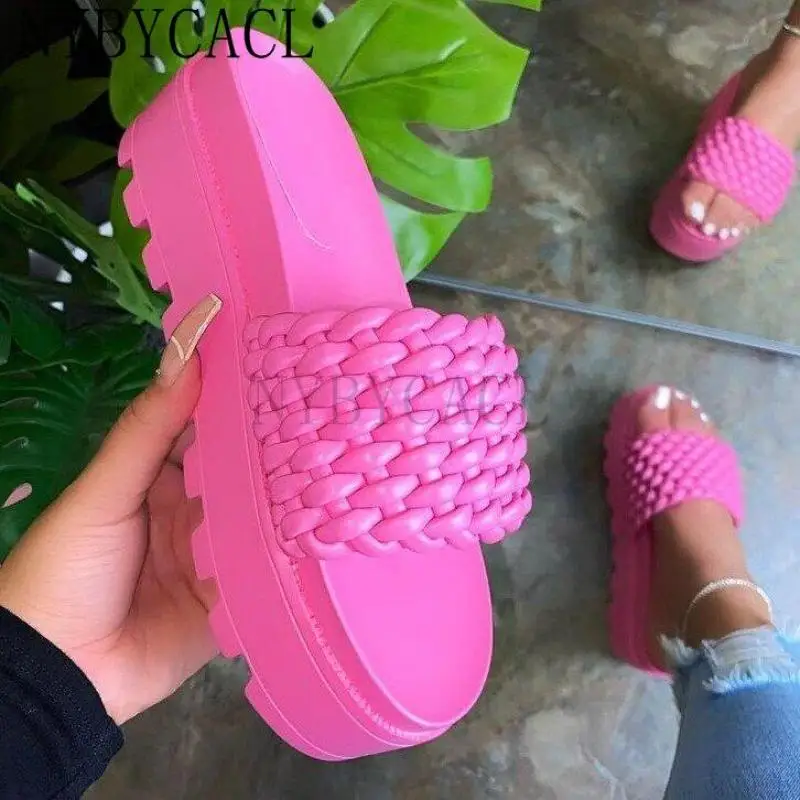 

2022 spring summer new women woven pattern female sandals high-heeled PU sponge cake sole rubber super thick-soled ms slippers