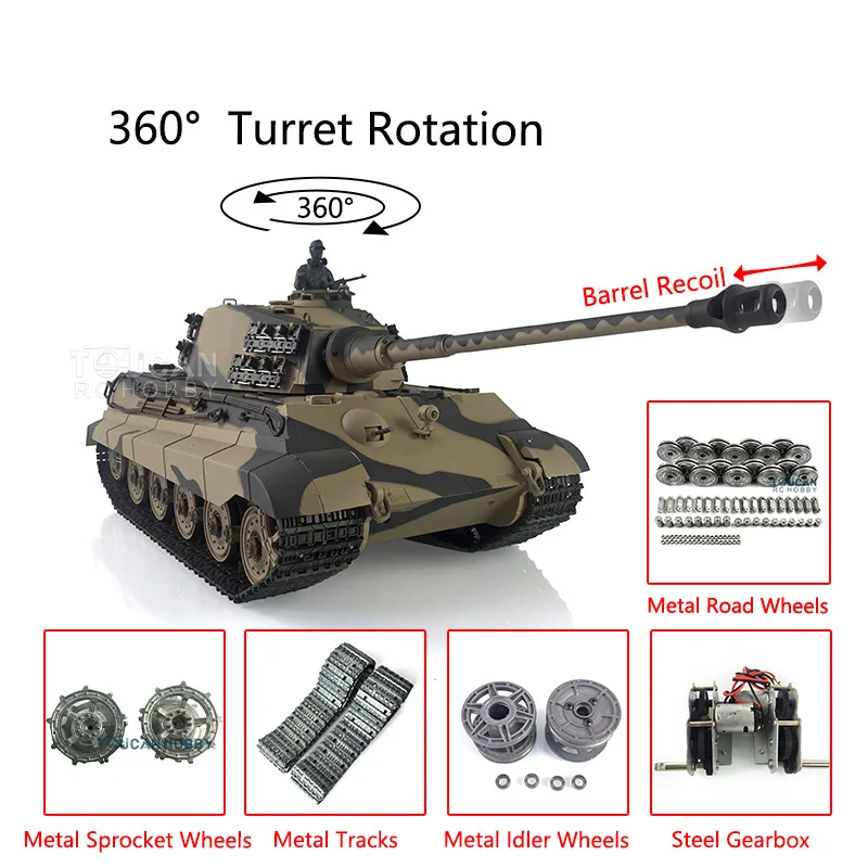 Henglong FPV 1/16 7.0 Pro Ver King Tiger RC Tank 3888A Barrel Recoil FPV Metal Tracks Wheels BBs Airsoft TH19746-SMT7
Henglong FPV 1/16 7.0 Pro Ver King Tiger RC Tank 3888A Barrel Recoil FPV Metal Tracks Wheels BBs Airsoft TH19746-SMT7