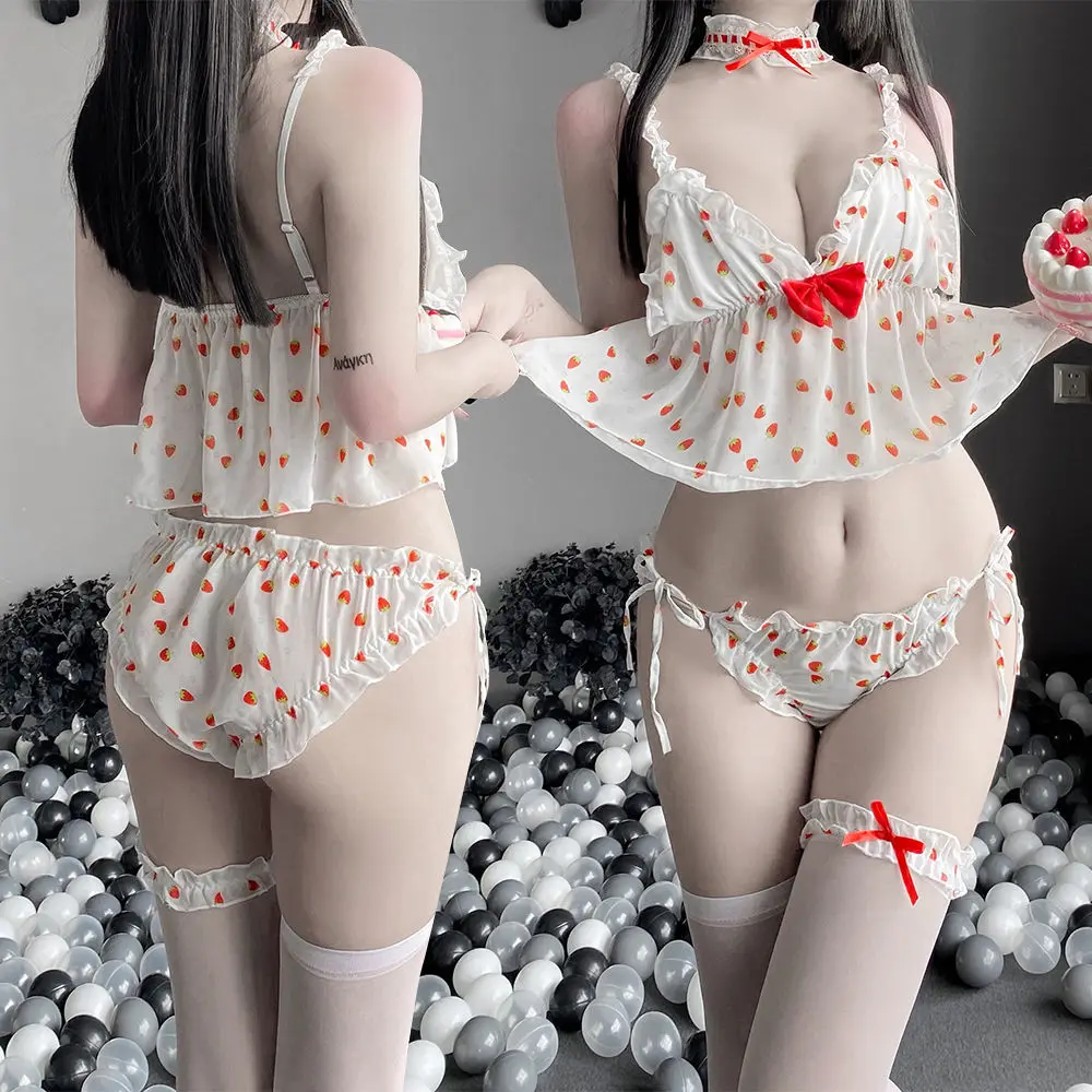 Kawaii Pajama Set Cute Chiffon Women's Set Sexy Camis Homewear Bow Underwear Strawberry Pattern Sleepwear Suit Lace Up Panties
Kawaii Pajama Set Cute Chiffon Women's Set Sexy Camis Homewear Bow Underwear Strawberry Pattern Sleepwear Suit Lace Up Panties