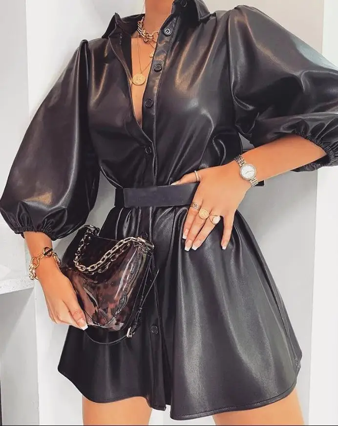 Fashion Solid Button-Up Leather Turn-Down Collar Plain Long Sleeve Mini A Line Party Dress Solid Button-Up Leather Dress
Fashion Solid Button-Up Leather Turn-Down Collar Plain Long Sleeve Mini A Line Party Dress Solid Button-Up Leather Dress
