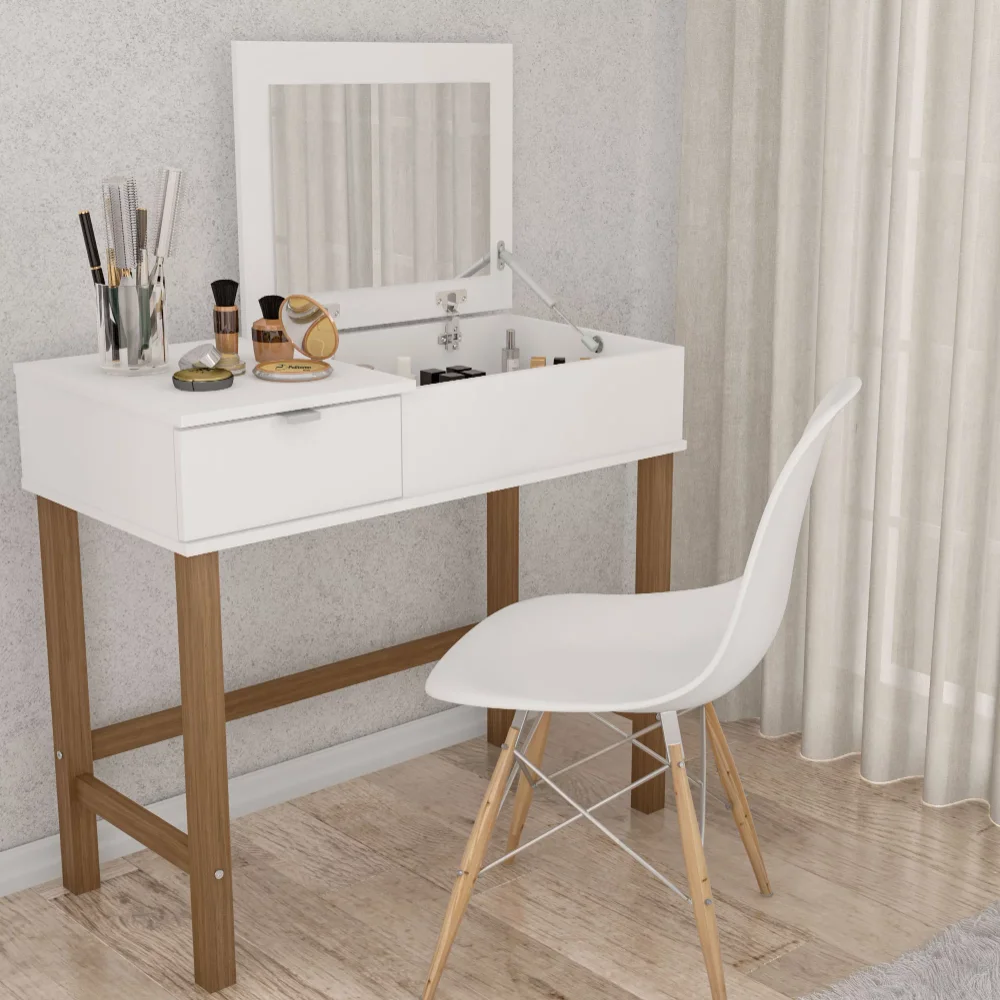 

Modern Pull Top Vanity Desk with Pine Wood Legs, White Finish, Senior Sense of Small Storage Cabinet Integrated Makeup Table