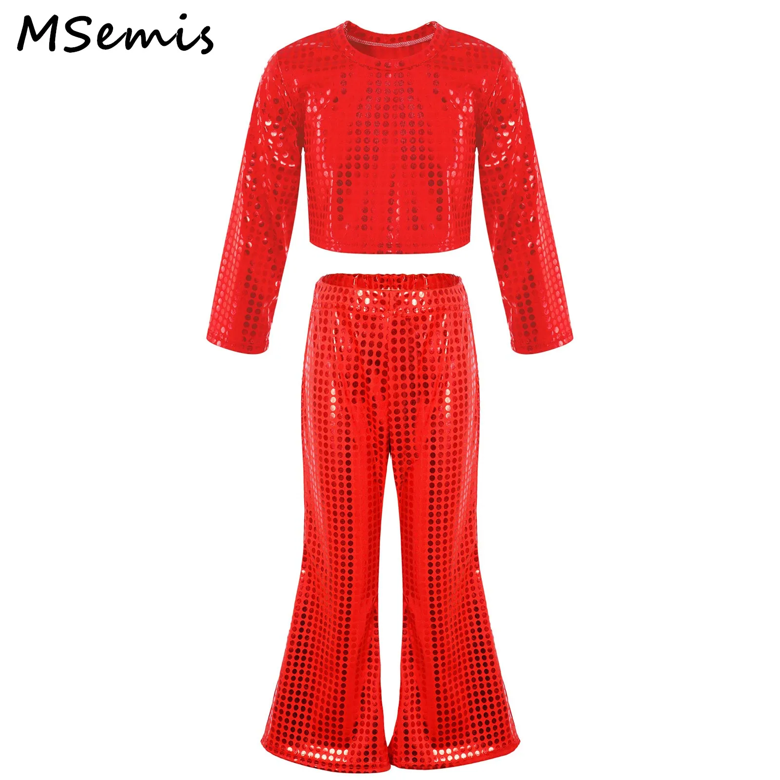 

Kids Girls Shiny Dots Set Crop Top with Elastic Waistband Bell-bottoms Pants Long Sleeve Round Neckline for Dance Competition