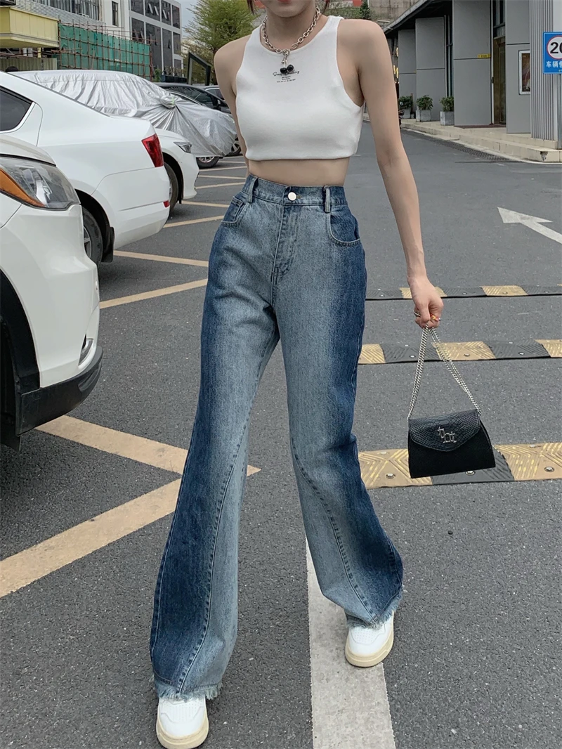 

Cheap wholesale New fashion casual high waisted jeans woman female vintage streetwear OL flared Denim women Pants dropshipping