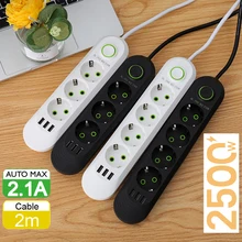 EU Plug Power Strip with 3 USB Ports Extension Cord Socket Network Filter Round Pin AC Outlet 2500W Electrical Charge Adapter