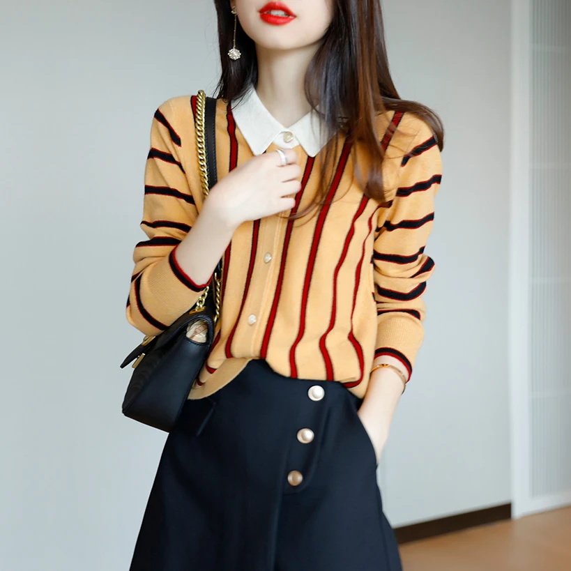 Color Matching Stripes Cardigans Womens Sweaters Spring 2022 Fashion Loose Turn-down Collar Long Sleeve Knitted Shirt Top Female
Color Matching Stripes Cardigans Womens Sweaters Spring 2022 Fashion Loose Turn-down Collar Long Sleeve Knitted Shirt Top Female