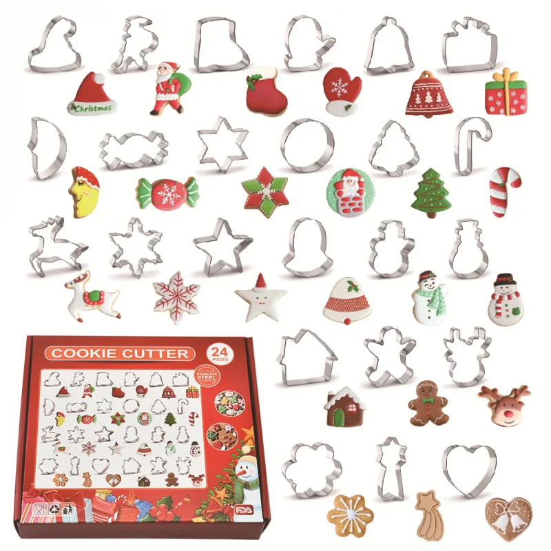

24pcs/set Christmas Cookie Cutters Stainless Steel Santa Claus Gingerbread Man Fondant Pastry Molds For Cake Decorating Tools