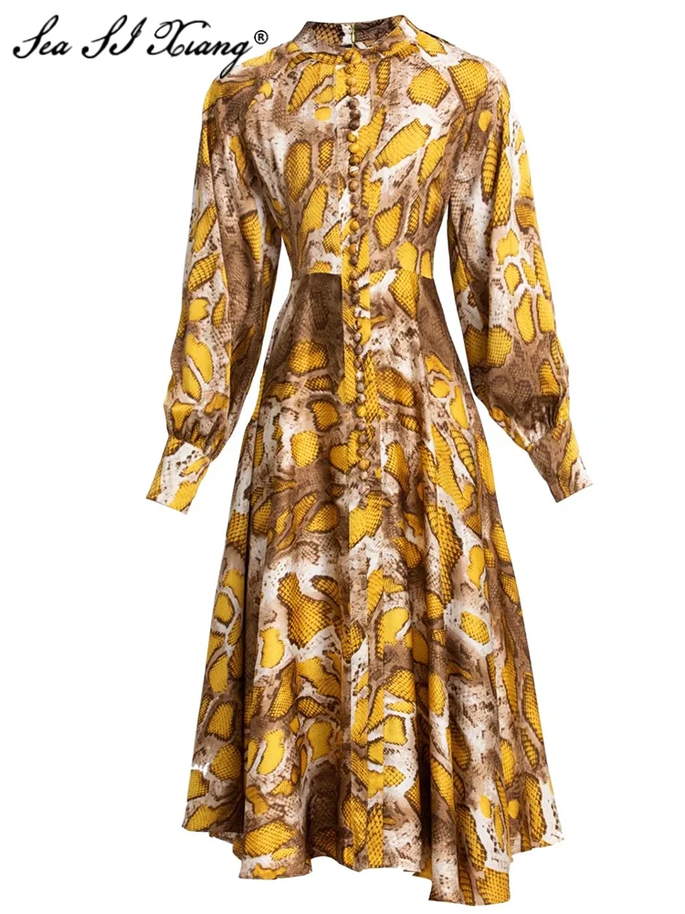 Seasixiang Fashion Designer Summer Dress Women Stand Collar Lantern Sleeve Snake Pattern Print Vintage Midi Dresses
Seasixiang Fashion Designer Summer Dress Women Stand Collar Lantern Sleeve Snake Pattern Print Vintage Midi Dresses