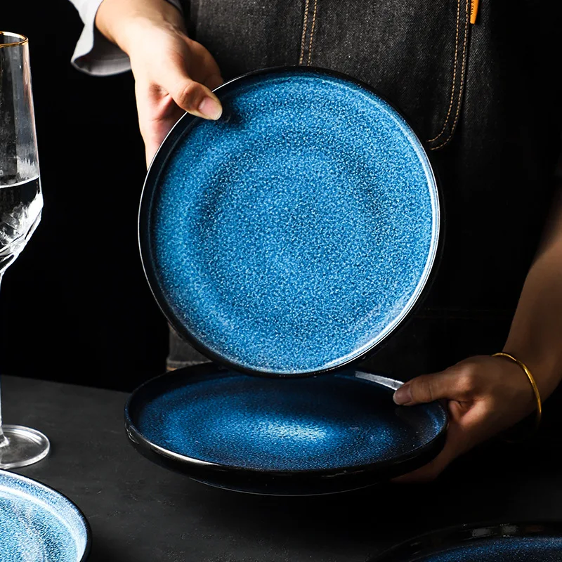 

Nordic Ceramic Plate Serving Starry Blue Round Tray Decorative Salad Sushi Dessert Plate Porcelain Tableware Dinner Sets