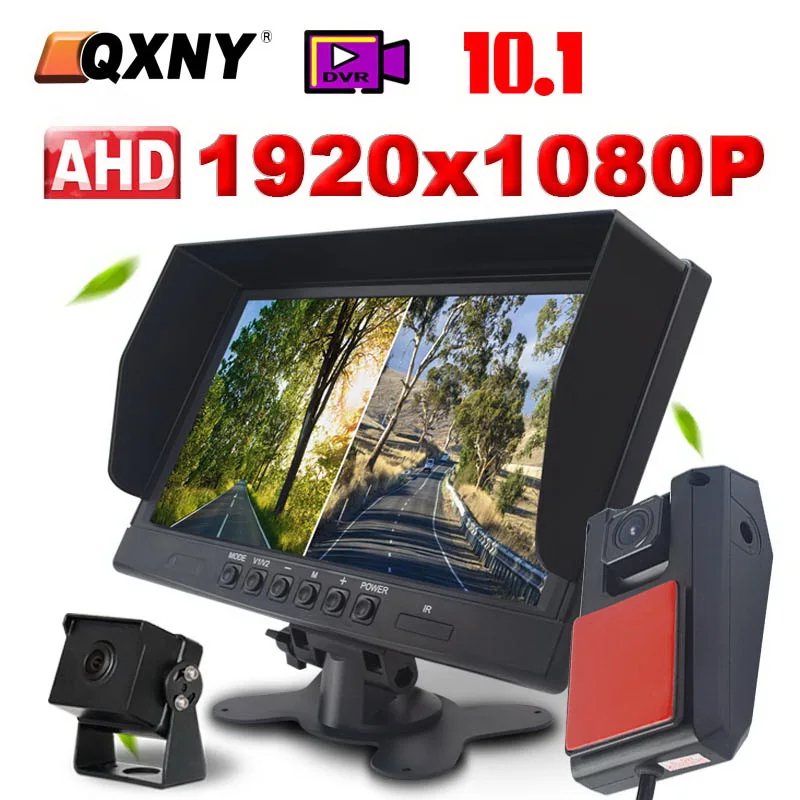 

QXNY Recording DVR 1080P 10.1" IPS Screen Truck Bus Vehicle Monitor with 2 Channels Front Rear View AHD Night Vision Car Camera
