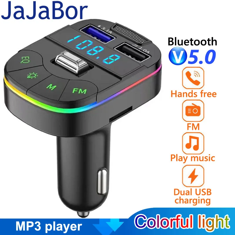 

JaJaBor FM передатчик цветной светильник двойной USB 3.1A автомобильное зарядное устройство большой микрофон громкой связи Bluetooth автомобильный комплект Автомобильный MP3-плеер