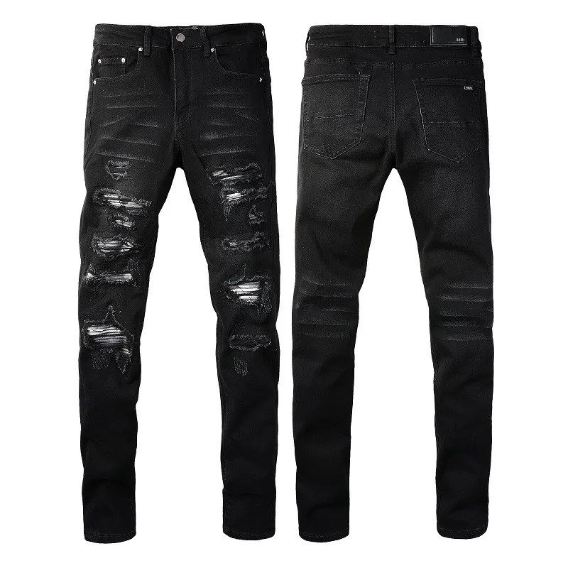 

AM Fashion Desigher Men's Jeans Skinny Black Stretch Destroyed Camo Patched Jeans Slim Ripped Pants Men Punk Hole Trousers