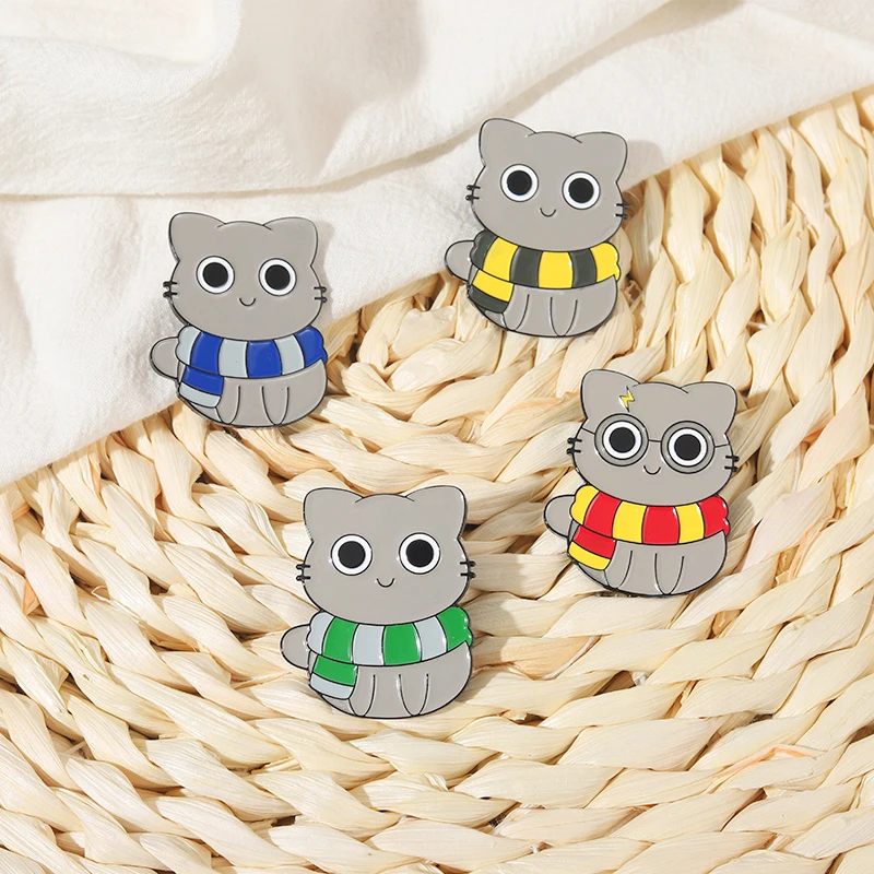 

Cat Magic School Enamel Pin Custom Witchcraft Cute Kitten Striped Scarf Brooch Lapel Badge Animals Jewelry Gift for Fans Friends