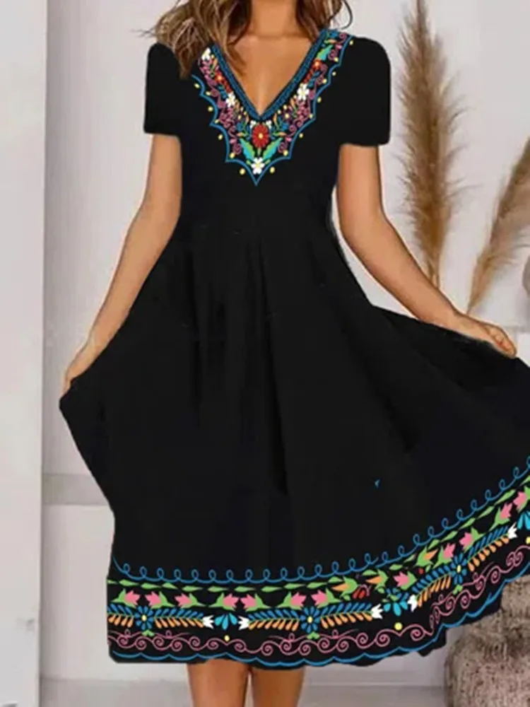 Women printed vintage dress Summer short sleeve v-neck ladies A-line swing black midi dress 2022 casual clothes
Women printed vintage dress Summer short sleeve v-neck ladies A-line swing black midi dress 2022 casual clothes