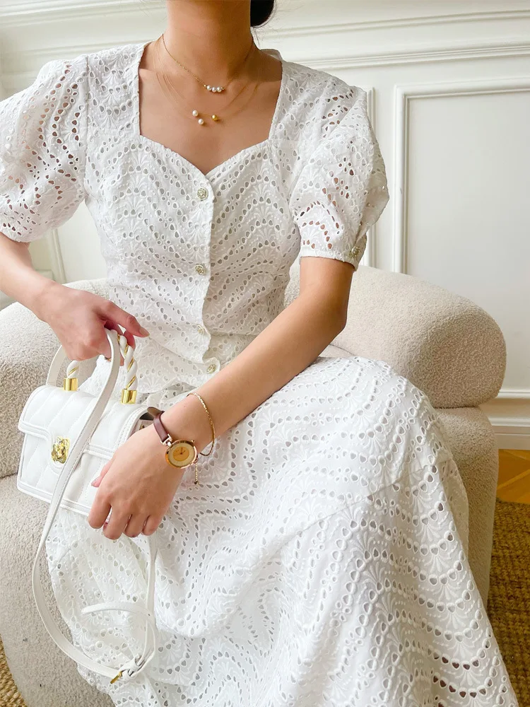 2023 Summer Suit Square Collar Puff Sleeves White Hook Flower Hollow Crops Top And Long Cotton Skirt 2 Piece Set Women
2023 Summer Suit Square Collar Puff Sleeves White Hook Flower Hollow Crops Top And Long Cotton Skirt 2 Piece Set Women