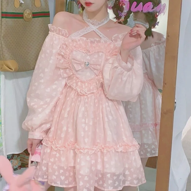 Pink Japanese Sweet Lolita Dress Women Kawaii Fairy Party Mini Dress Fashion Lace Halter Cute Princess Dress Spring and Autumn
Pink Japanese Sweet Lolita Dress Women Kawaii Fairy Party Mini Dress Fashion Lace Halter Cute Princess Dress Spring and Autumn