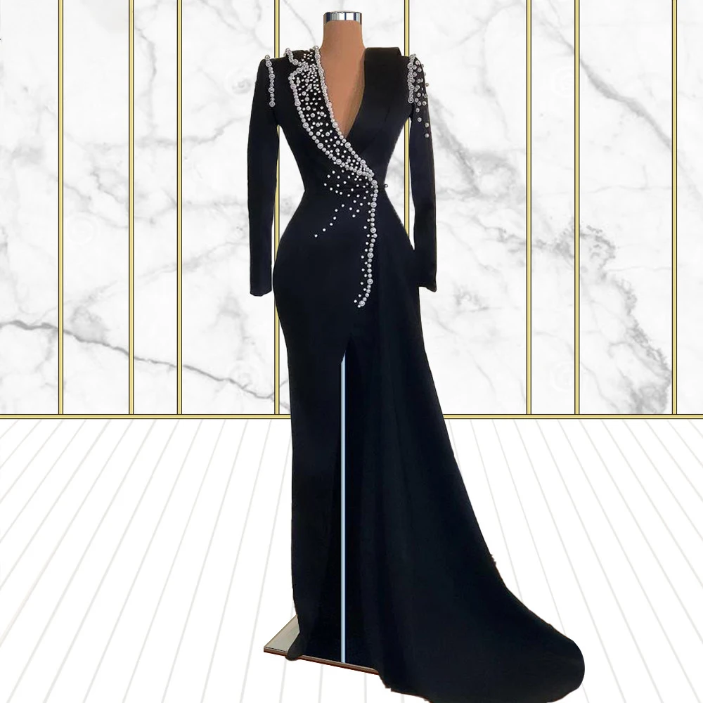 Prom Dress Black Deep V Neck Long Sleeve Floor Length White Beads Evening Gown Formal Occasion Elegant Vestido Formatura 2023
Prom Dress Black Deep V Neck Long Sleeve Floor Length White Beads Evening Gown Formal Occasion Elegant Vestido Formatura 2023