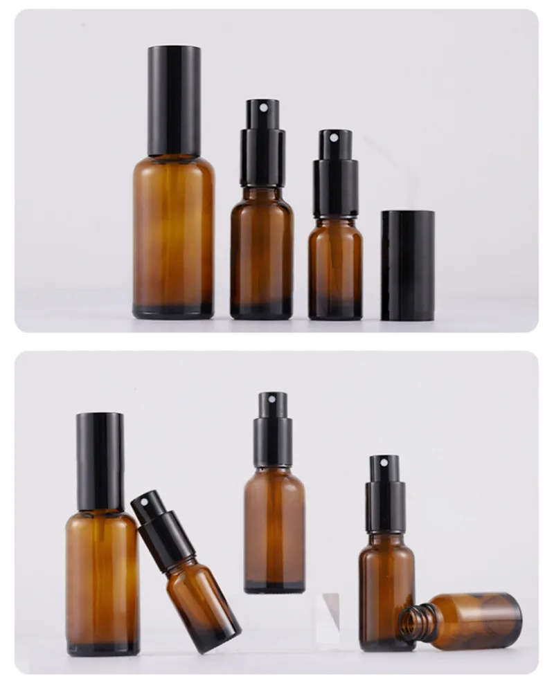 

5ml/10ml/15ml/ 20ml/30ml/50ml/100ml Refillable Press Pump Glass Amber Spray Bottle Oils Liquid Container Perfume Atomizer 8PCS