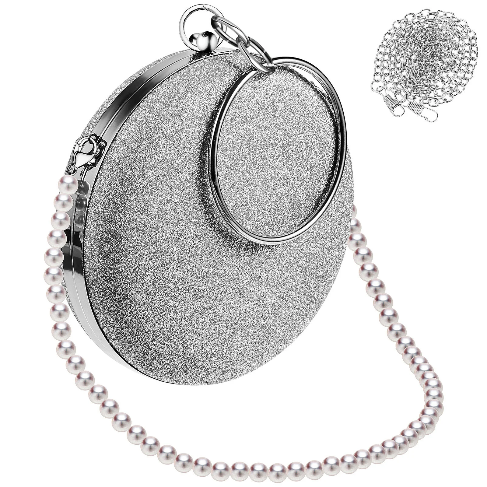 Women's Round Bag Evening Clutch Purse Handbag with Round Ring and Detachable Pearls Chains for Wedding Party 
Women's Round Bag Evening Clutch Purse Handbag with Round Ring and Detachable Pearls Chains for Wedding Party
