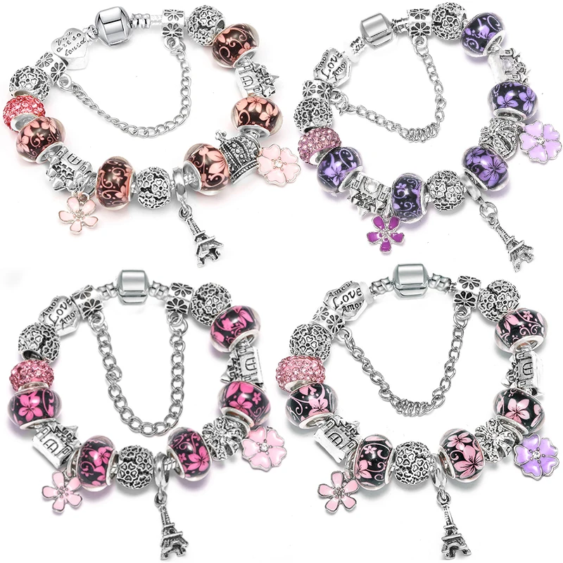 Silver Color Eiffel Tower Charms Bracelet for Women Purple Pink Enamel Clover Pendant Flower Glass Beads Pulseras Men DIY Bijoux
Silver Color Eiffel Tower Charms Bracelet for Women Purple Pink Enamel Clover Pendant Flower Glass Beads Pulseras Men DIY Bijoux