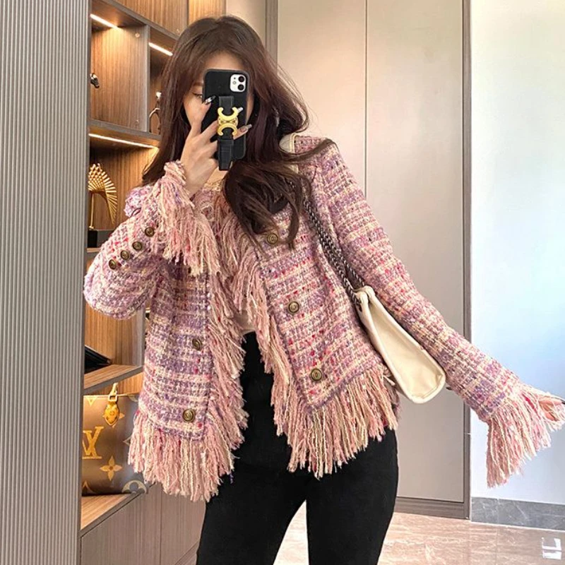 

Elegant Women Pink Tassels Blazers Coat Autumn Winter Thickened Plush Tweed Jacket OL Fringed Suits Cardigan Crop Tops Jaqueta