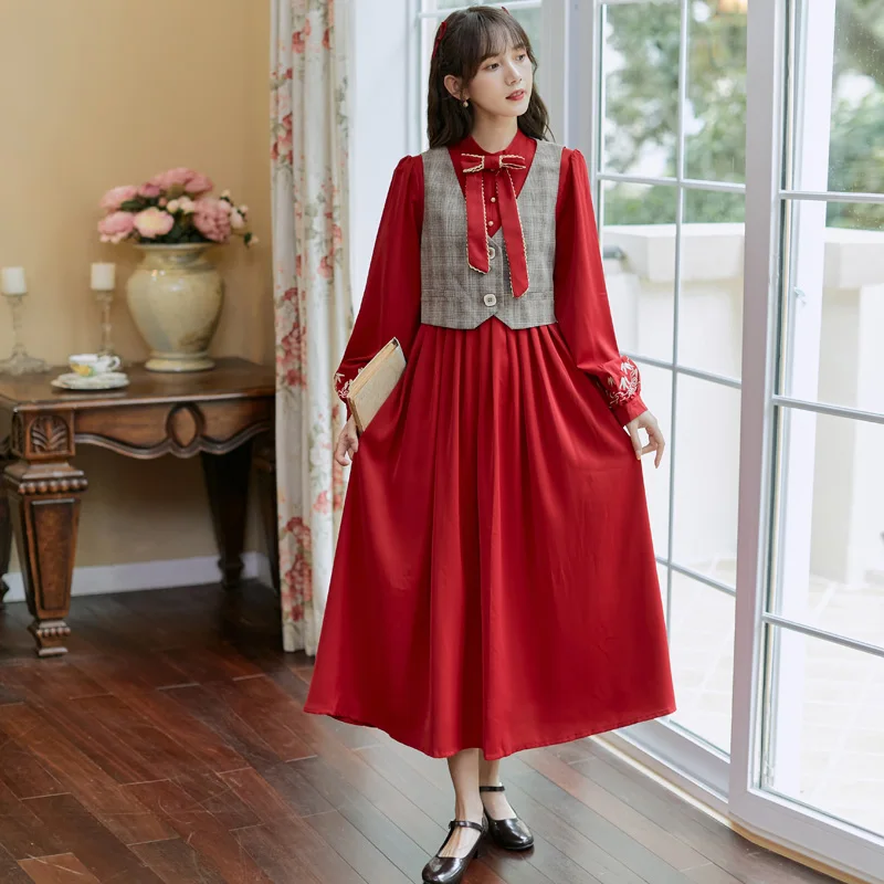 

England Style Red 2pcs Vest Women Dress Autumn Vintage Bowknot Collar Lady Vestido Delicate Embroidery High Waist Pleated Dress